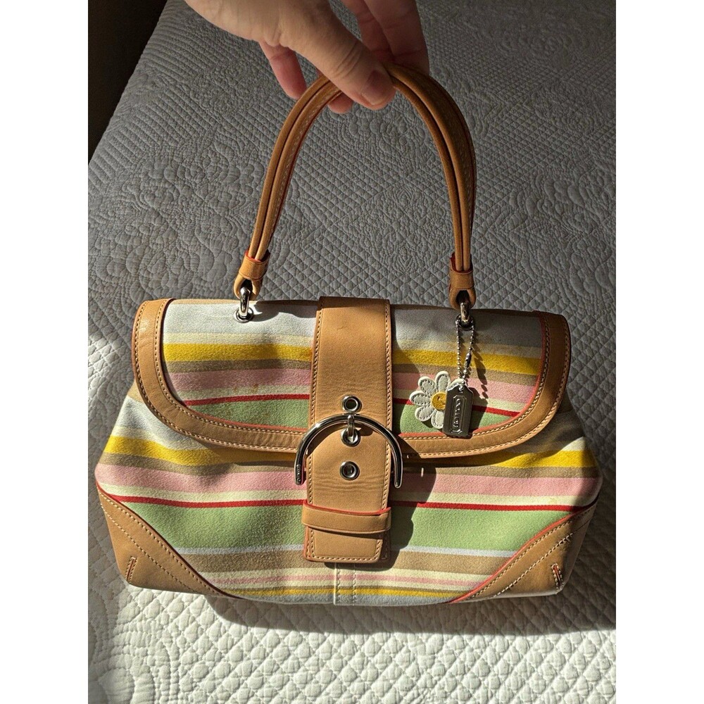 Y2K Coach Canvas/Tan Leather Soho/Hamptons Bag w/ Flower Charm Hang Tag